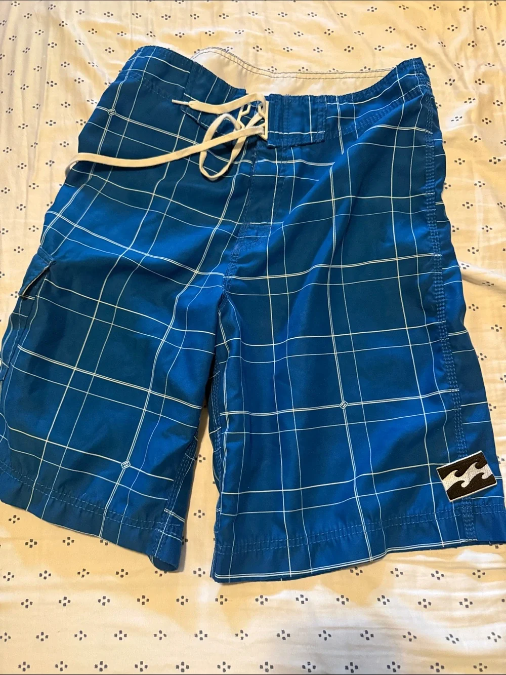 Billabong Men's Blue Plaid Boardshorts with Drawstring
